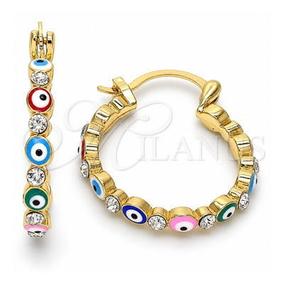 Oro Laminado Small Hoop, Gold Filled Style Evil Eye Design, with White Crystal, Multicolor Enamel Finish, Golden Finish, 02.213.0315.25