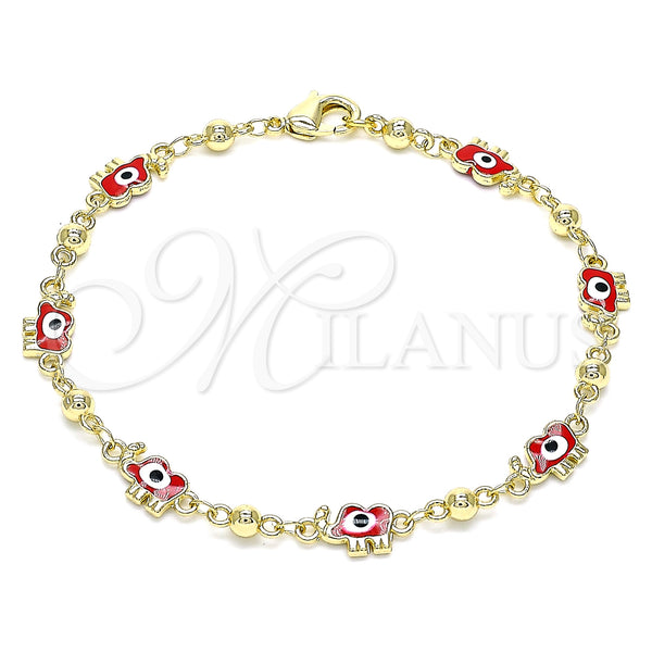 Oro Laminado Fancy Bracelet, Gold Filled Style Elephant and Evil Eye Design, Red Enamel Finish, Golden Finish, 03.213.0141.08 (06 MM Thickness, 8 Inches Length)