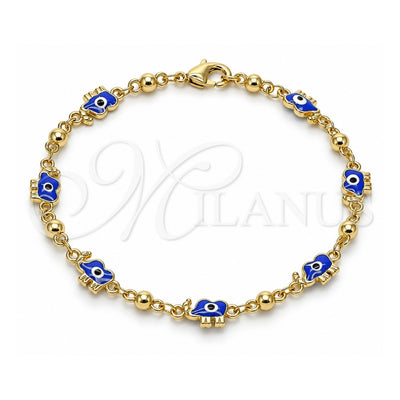 Oro Laminado Fancy Bracelet, Gold Filled Style Elephant and Evil Eye Design, Blue Enamel Finish, Golden Finish, 03.213.0141.1.08 (06 MM Thickness, 8 Inches Length)