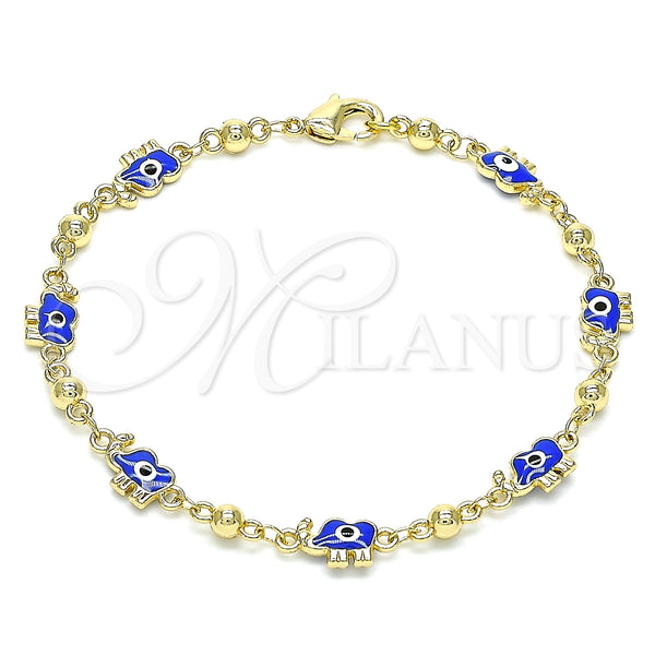 Oro Laminado Fancy Bracelet, Gold Filled Style Elephant and Evil Eye Design, Blue Enamel Finish, Golden Finish, 03.213.0141.1.08 (06 MM Thickness, 8 Inches Length)