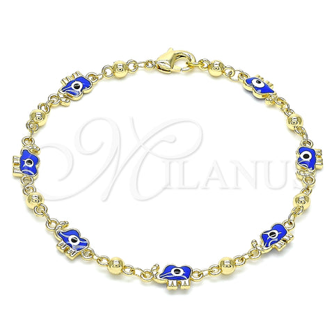 Oro Laminado Fancy Bracelet, Gold Filled Style Elephant and Evil Eye Design, Blue Enamel Finish, Golden Finish, 03.213.0141.1.08 (06 MM Thickness, 8 Inches Length)