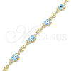 Oro Laminado Fancy Bracelet, Gold Filled Style Elephant and Evil Eye Design, Azul claro Enamel Finish, Golden Finish, 03.213.0141.2.08 (06 MM Thickness, 8 Inches Length)