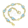 Oro Laminado Fancy Bracelet, Gold Filled Style Elephant and Evil Eye Design, Azul claro Enamel Finish, Golden Finish, 03.213.0141.2.08 (06 MM Thickness, 8 Inches Length)