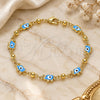 Oro Laminado Fancy Bracelet, Gold Filled Style Elephant and Evil Eye Design, Azul claro Enamel Finish, Golden Finish, 03.213.0141.2.08 (06 MM Thickness, 8 Inches Length)