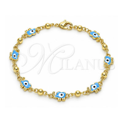 Oro Laminado Fancy Bracelet, Gold Filled Style Elephant and Evil Eye Design, Azul claro Enamel Finish, Golden Finish, 03.213.0141.2.08 (06 MM Thickness, 8 Inches Length)