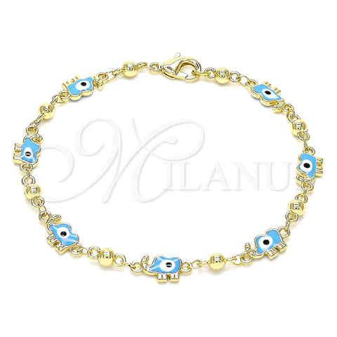 Oro Laminado Fancy Bracelet, Gold Filled Style Elephant and Evil Eye Design, Azul claro Enamel Finish, Golden Finish, 03.213.0141.2.08 (06 MM Thickness, 8 Inches Length)