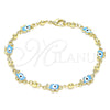 Oro Laminado Fancy Bracelet, Gold Filled Style Elephant and Evil Eye Design, Azul claro Enamel Finish, Golden Finish, 03.213.0141.2.08 (06 MM Thickness, 8 Inches Length)