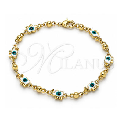 Oro Laminado Fancy Bracelet, Gold Filled Style Elephant and Evil Eye Design, White Enamel Finish, Golden Finish, 03.213.0141.3.08 (06 MM Thickness, 8 Inches Length)