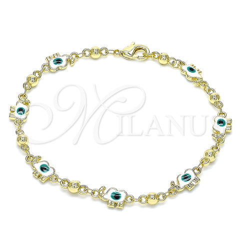 Oro Laminado Fancy Bracelet, Gold Filled Style Elephant and Evil Eye Design, White Enamel Finish, Golden Finish, 03.213.0141.3.08 (06 MM Thickness, 8 Inches Length)