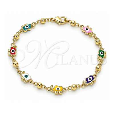 Oro Laminado Fancy Bracelet, Gold Filled Style Elephant and Evil Eye Design, Multicolor Enamel Finish, Golden Finish, 03.213.0141.4.08 (06 MM Thickness, 8 Inches Length)