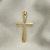 Oro Laminado Religious Pendant, Gold Filled Style Cross Design, with White Micro Pave, Polished, Golden Finish, 05.102.0004