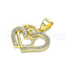 Oro Laminado Fancy Pendant, Gold Filled Style Mom and Heart Design, with White Micro Pave, Polished, Golden Finish, 05.102.0019