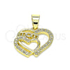 Oro Laminado Fancy Pendant, Gold Filled Style Mom and Heart Design, with White Micro Pave, Polished, Golden Finish, 05.102.0019