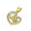 Oro Laminado Fancy Pendant, Gold Filled Style Mom and Heart Design, with White Micro Pave, Polished, Golden Finish, 05.102.0020