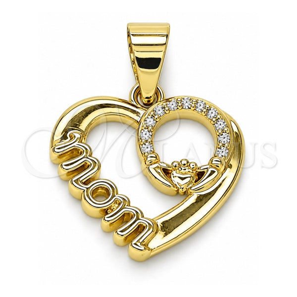 Oro Laminado Fancy Pendant, Gold Filled Style Mom and Heart Design, with White Micro Pave, Polished, Golden Finish, 05.102.0021