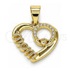 Oro Laminado Fancy Pendant, Gold Filled Style Mom and Heart Design, with White Micro Pave, Polished, Golden Finish, 05.102.0021