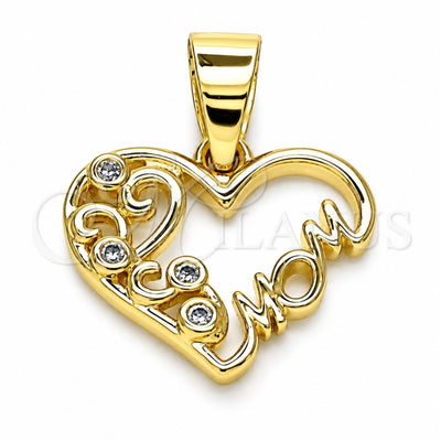 Oro Laminado Fancy Pendant, Gold Filled Style Mom and Heart Design, with White Cubic Zirconia, Polished, Golden Finish, 05.102.0022