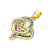 Oro Laminado Fancy Pendant, Gold Filled Style Mom and Heart Design, with Multicolor Micro Pave, Polished, Golden Finish, 05.102.0024