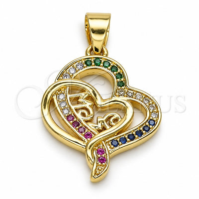 Oro Laminado Fancy Pendant, Gold Filled Style Mom and Heart Design, with Multicolor Micro Pave, Polished, Golden Finish, 05.102.0024
