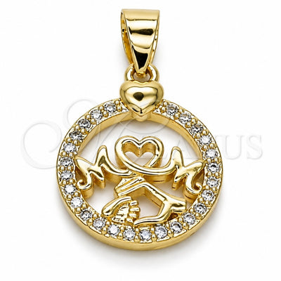 Oro Laminado Fancy Pendant, Gold Filled Style Mom and Heart Design, with White Micro Pave, Polished, Golden Finish, 05.102.0025