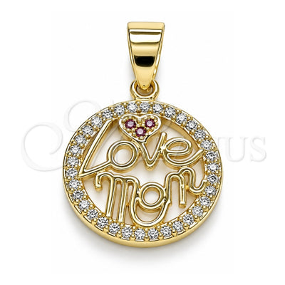 Oro Laminado Fancy Pendant, Gold Filled Style Mom and Love Design, with White and Ruby Micro Pave, Polished, Golden Finish, 05.102.0026