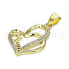 Oro Laminado Fancy Pendant, Gold Filled Style Mom and Heart Design, with White Micro Pave, Polished, Golden Finish, 05.102.0032