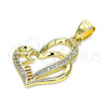 Oro Laminado Fancy Pendant, Gold Filled Style Mom and Heart Design, with White Micro Pave, Polished, Golden Finish, 05.102.0032