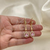 Oro Laminado Long Earring, Gold Filled Style Teardrop Design, with Pink Cubic Zirconia and White Micro Pave, Polished, Golden Finish, 02.213.0334.1