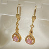Oro Laminado Long Earring, Gold Filled Style Teardrop Design, with Pink Cubic Zirconia and White Micro Pave, Polished, Golden Finish, 02.213.0334.1