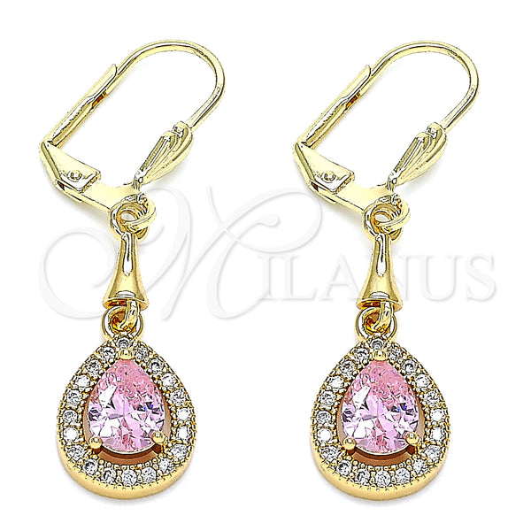 Oro Laminado Long Earring, Gold Filled Style Teardrop Design, with Pink Cubic Zirconia and White Micro Pave, Polished, Golden Finish, 02.213.0334.1