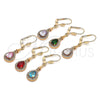Oro Laminado Long Earring, Gold Filled Style Teardrop Design, with Pink Cubic Zirconia and White Micro Pave, Polished, Golden Finish, 02.213.0334.1