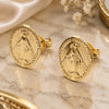 Oro Laminado Stud Earring, Gold Filled Style Altagracia and Virgen Maria Design, Polished, Golden Finish, 02.58.0027