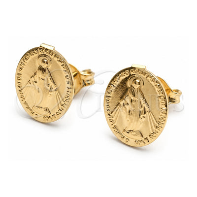 Oro Laminado Stud Earring, Gold Filled Style Altagracia and Virgen Maria Design, Polished, Golden Finish, 02.58.0027