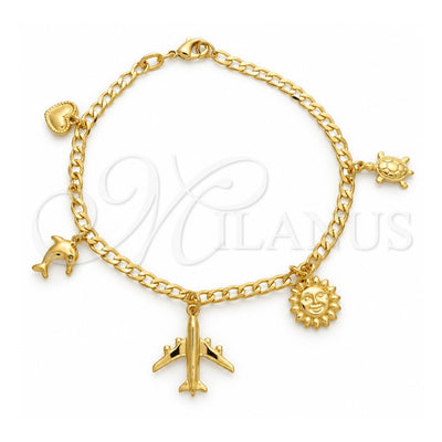 Oro Laminado Charm Bracelet, Gold Filled Style Turtle and Sun Design, Polished, Golden Finish, 03.58.0062.07 (0.80 Gauge, 03 MM Thickness, 7 Inches Length)
