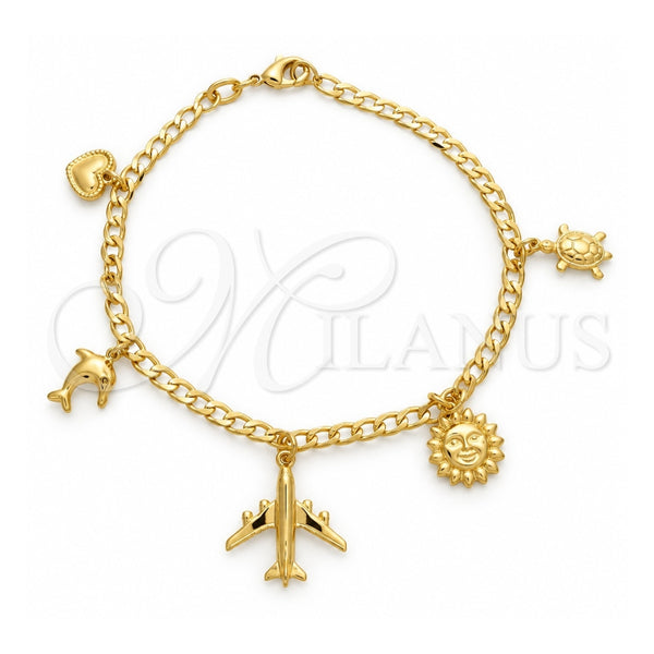 Oro Laminado Charm Bracelet, Gold Filled Style Turtle and Sun Design, Polished, Golden Finish, 03.58.0062.07 (0.80 Gauge, 03 MM Thickness, 7 Inches Length)
