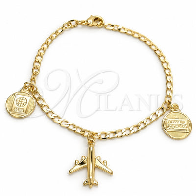 Oro Laminado Charm Bracelet, Gold Filled Style Miami Cuban and Heart Design, Polished, Golden Finish, 03.58.0064.07 (0.80 Gauge, 03 MM Thickness, 7 Inches Length)