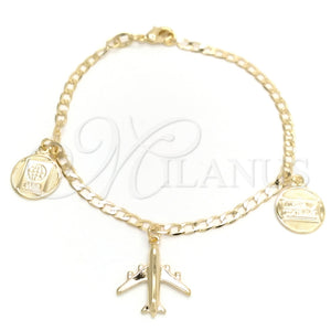 Gold Filled Bracelet — Charm Bracelet Miami Cuban and Heart Design Polished — main product view — SKU 145590 | Oro Laminado brazalete — Charm Bracelet Miami Cuban and corazón diseño pulido — SKU 145590