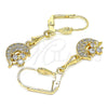 Oro Laminado Long Earring, Gold Filled Style Dolphin Design, with White Cubic Zirconia and White Micro Pave, Polished, Golden Finish, 02.213.0346