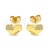Oro Laminado Stud Earring, Gold Filled Style Heart and Love Design, with White Micro Pave, Polished, Golden Finish, 02.213.0348