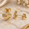 Oro Laminado Stud Earring, Gold Filled Style Heart and Love Design, with White Micro Pave, Polished, Golden Finish, 02.213.0348