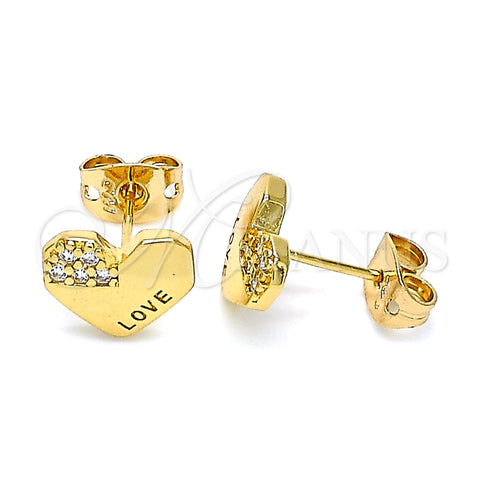 Oro Laminado Stud Earring, Gold Filled Style Heart and Love Design, with White Micro Pave, Polished, Golden Finish, 02.213.0348