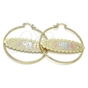 Gold Filled Hoop Earrings — Large Hoop Elephant and Owl Design Diamond Cutting — main product view — SKU 145648 | Oro Laminado aretes de aro — Large Hoop Elephant and Owl diseño Diamond Cutting — SKU 145648