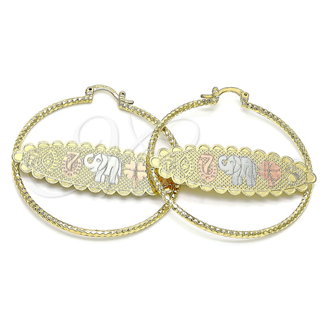 Oro Laminado Large Hoop, Gold Filled Style Elephant and Owl Design, Diamond Cutting Finish, Tricolor, 02.380.0091.50