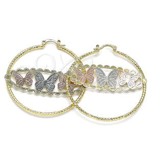 Gold Filled Hoop Earrings — Large Hoop Butterfly Design Diamond Cutting Tricolor 02. — main product view — SKU 145649 | Oro Laminado aretes de aro — Large Hoop Butterfly diseño Diamond Cutting Tricolor 02. — SKU 145649