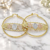 Oro Laminado Large Hoop, Gold Filled Style Guadalupe and Flower Design, Diamond Cutting Finish, Tricolor, 02.380.0093.50