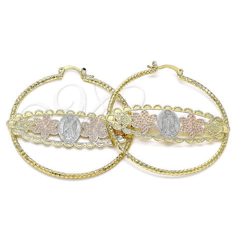 Oro Laminado Large Hoop, Gold Filled Style Guadalupe and Flower Design, Diamond Cutting Finish, Tricolor, 02.380.0093.50
