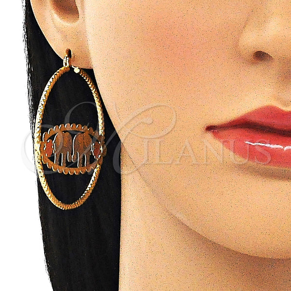Gold Filled Hoop Earrings — Large Hoop Elephant and Flower Design Diamond Cutting — alternate product view — SKU 145651 | Oro Laminado aretes de aro — Large Hoop Elephant and flor diseño Diamond Cutting — SKU 145651