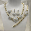 Oro Laminado Necklace, Bracelet, Earring and Ring, Gold Filled Style Hugs and Kisses and Love Design, with White Crystal, White Enamel Finish, Golden Finish, 06.380.0003