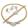 Oro Laminado Necklace, Bracelet, Earring and Ring, Gold Filled Style Hugs and Kisses and Love Design, with White Crystal, White Enamel Finish, Golden Finish, 06.380.0003