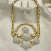 Oro Laminado Necklace, Bracelet, Earring and Ring, Gold Filled Style Hugs and Kisses and Love Design, with White Crystal, White Enamel Finish, Golden Finish, 06.380.0003